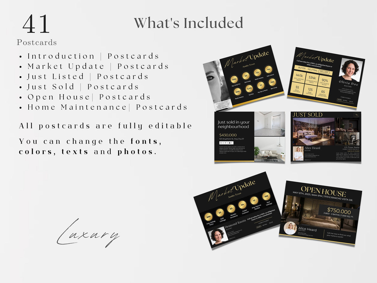 Luxury Real Estate Postcards | Realtor Black and Gold Postcards | Realtor Intro Card | Realtor Marketing Tool | Luxury Agent Marketing
