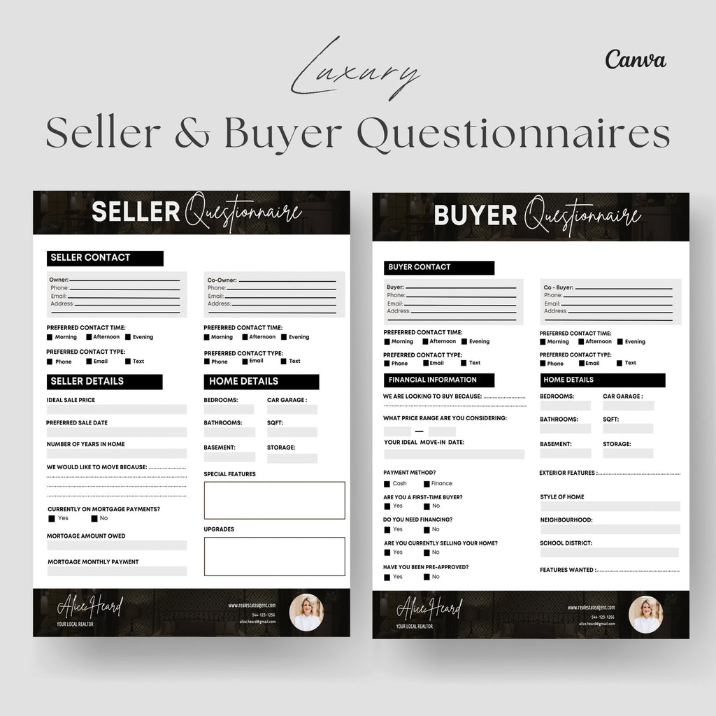 Luxury Buyer & Seller Questionnaire Templates, Real Estate Home Buyer and Seller Intake Form, Selling Your Home Workbook and Buyer Workbook