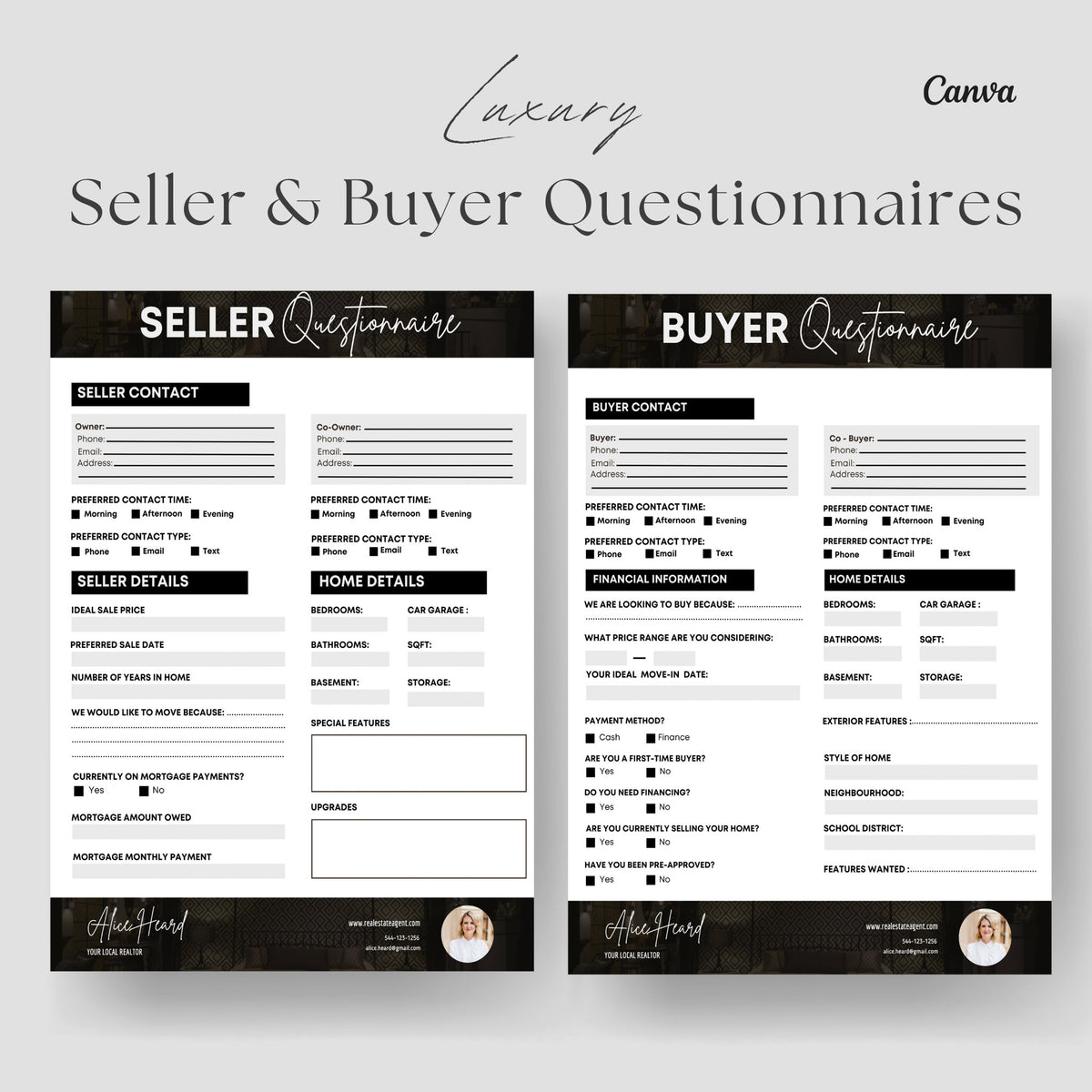 Luxury Buyer & Seller Questionnaire Templates, Real Estate Home Buyer and Seller Intake Form, Selling Your Home Workbook and Buyer Workbook