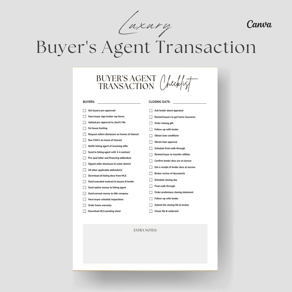 Luxury Buyers Agent Transaction Checklist, Real Estate Marketing, Real Estate Flyer, Buyers Agent Checklist, Buyers Agent Transaction