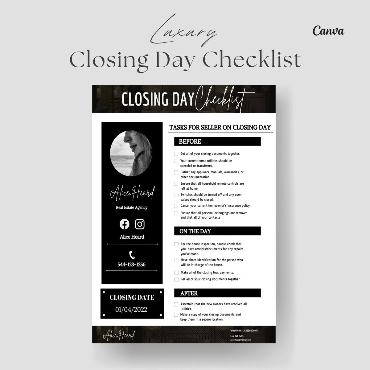 Closing Day Checklist, Real Estate Marketing, Real Estate Flyer, Real Estate Checklist, Moving Checklist, Canva