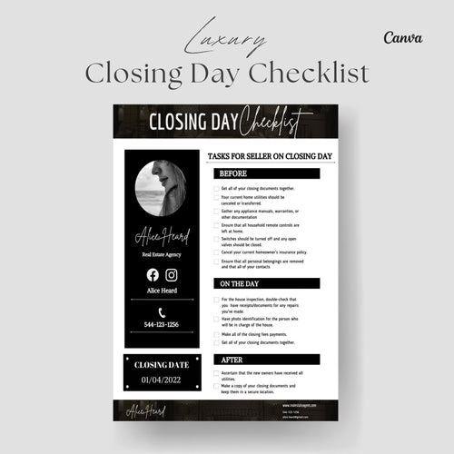 Closing Day Checklist, Real Estate Marketing, Real Estate Flyer, Real Estate Checklist, Moving Checklist, Canva