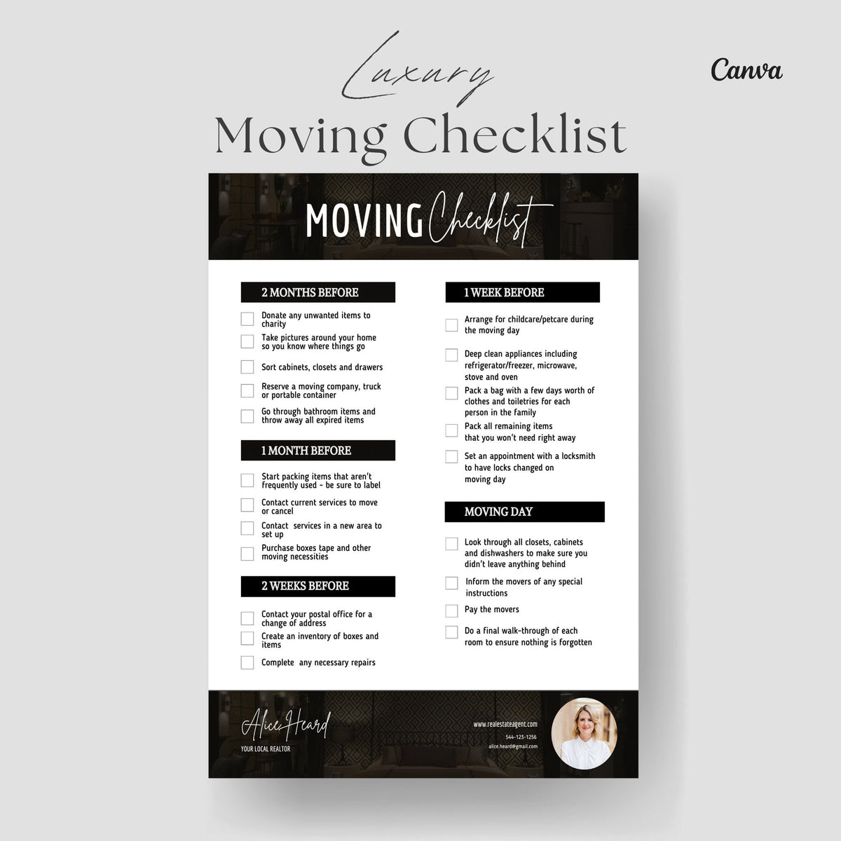 Real Estate Moving Checklist, realtor moving guide, printable moving to-do list, moving planner, realtor marketing, moving flyer PDF, Canva