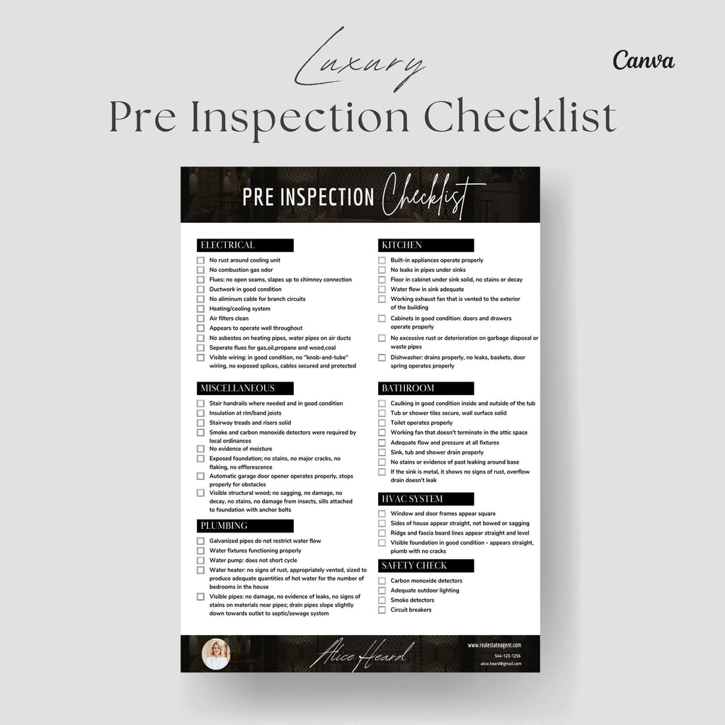Pre-Inspection Checklist, Home Seller Checklist, Seller Packet, Inspection, Realtor Templates, Realtor Leads, Real Estate Inspection, Canva