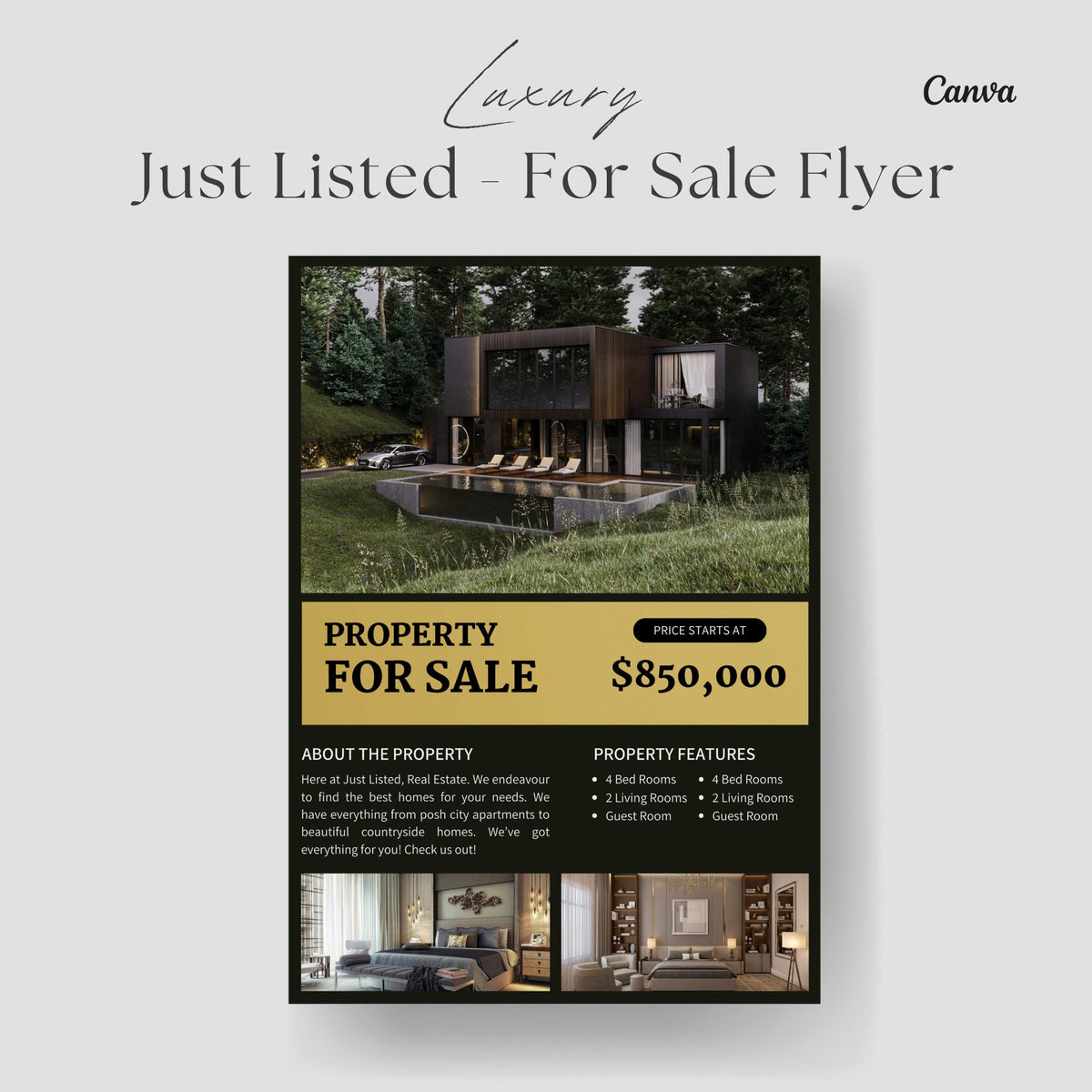 Luxury Just Listed Flyer, Real Estate Canva Template | For Sale By Owner Flyer | Black Realtor Flyer for New Listings, Real Estate Marketing