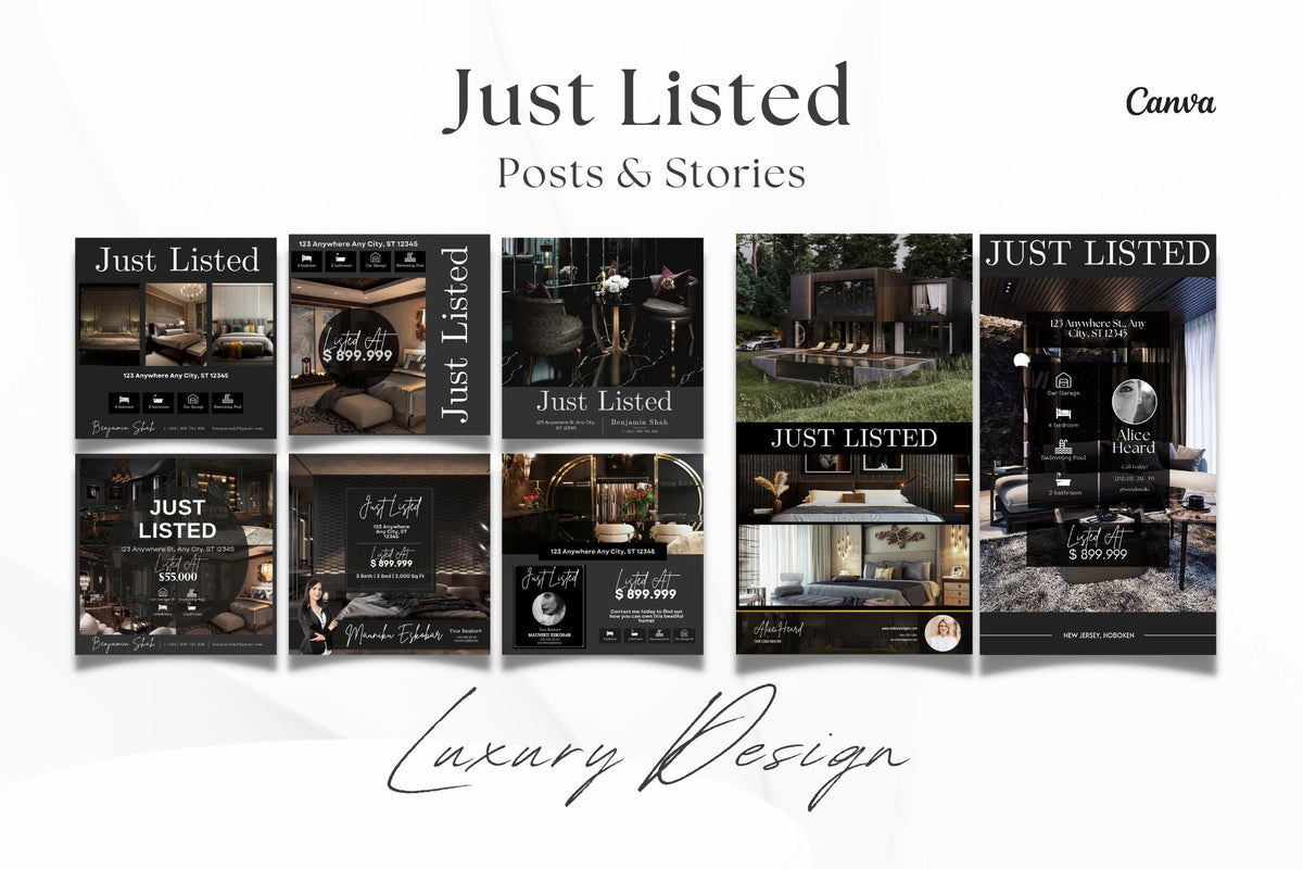 Just Listed Luxury Social Media Posts and Stories | Listing Updates | Just Listed Instagram | Black Real Estate Marketing | Gold Realtor