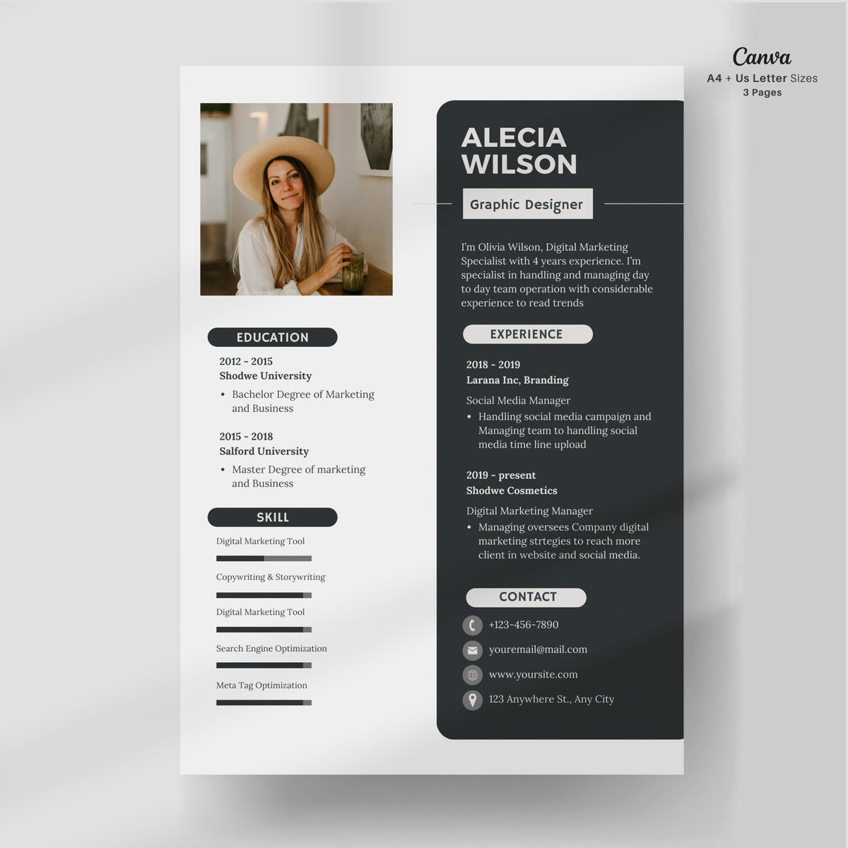 Feminen Resume Template With Photo, Professional Clean Resume Template Canva, CV Template Minimal Executive Elegant Resume Template