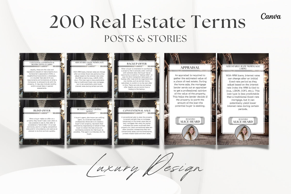 Luxury Real Estate Terms Social Media Posts | Real Estate Terms Instagram Posts and Stories | Real Estate Marketing | Luxury Realtor
