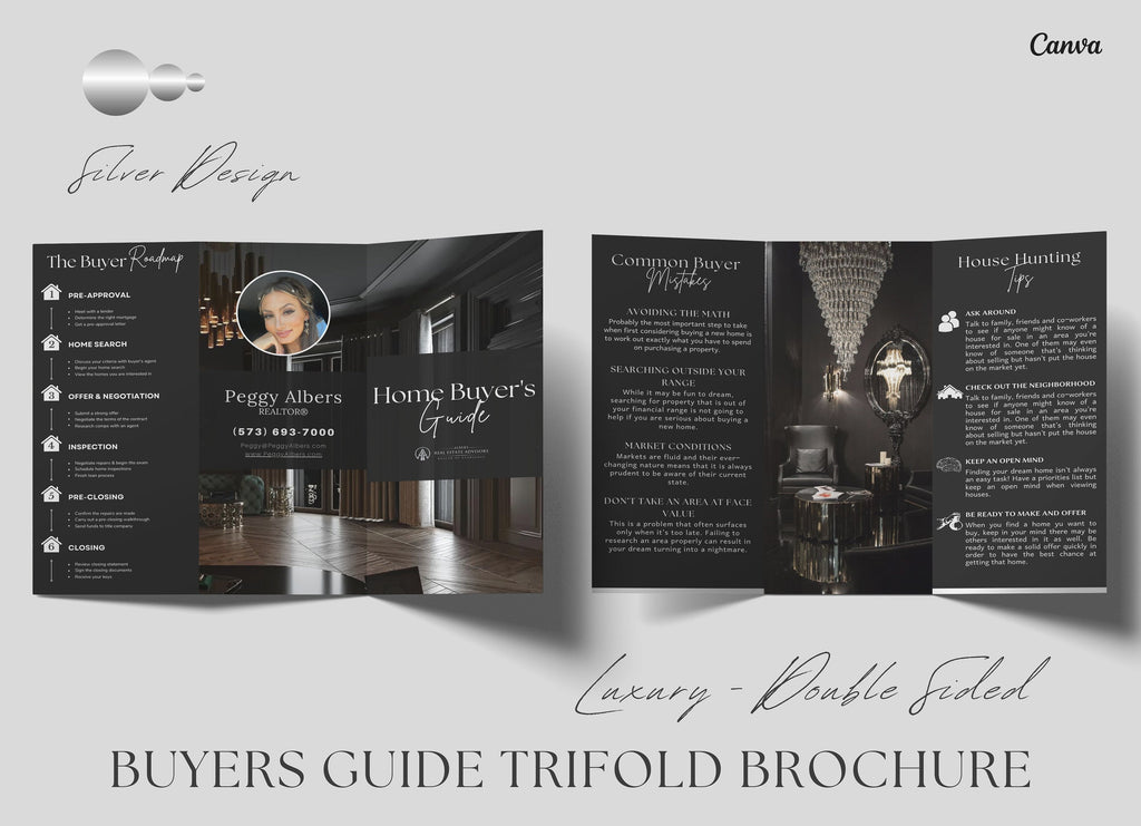 Silver Luxury Buyer's Guide Brochure, Real Estate Tri-Fold Brochure, Tri-fold Real Estate, Buyer Guide, Real Estate Marketing, Double-Sided