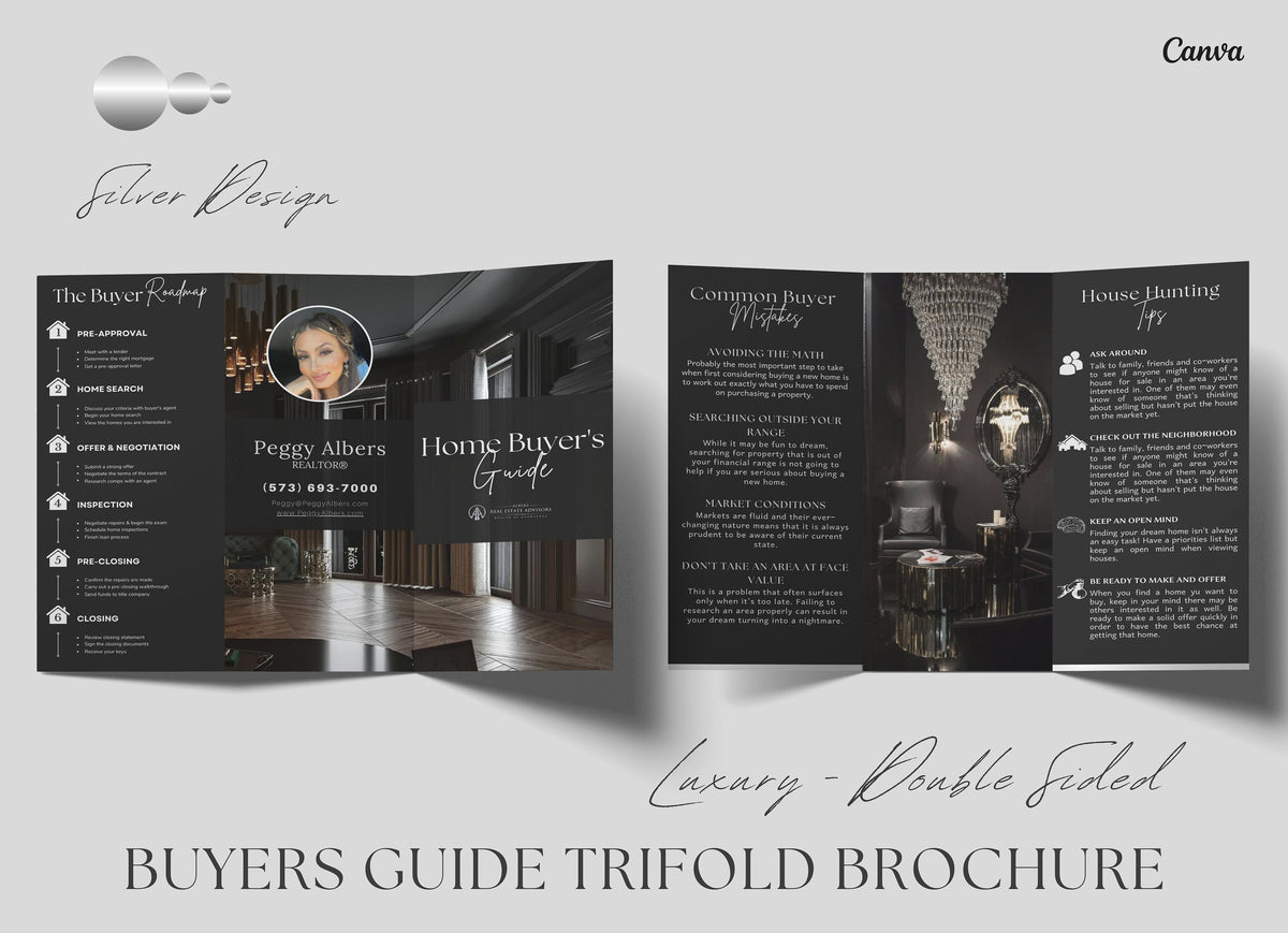 Silver Luxury Buyer's Guide Brochure, Real Estate Tri-Fold Brochure, Tri-fold Real Estate, Buyer Guide, Real Estate Marketing, Double-Sided