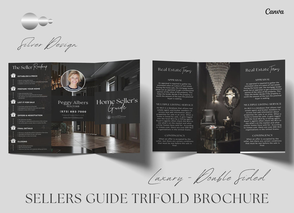 Silver Luxury Seller's Guide Brochure, Real Estate Tri-Fold Brochure, Tri-fold Real Estate, Seller Guide, Double-Sided