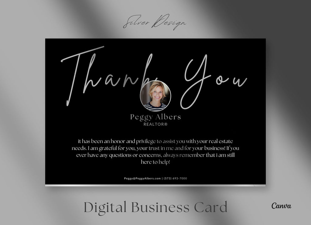 Silver Real Estate Thank you Card, modern thank you postcard, realtor marketing, agent thank you card, canva templates