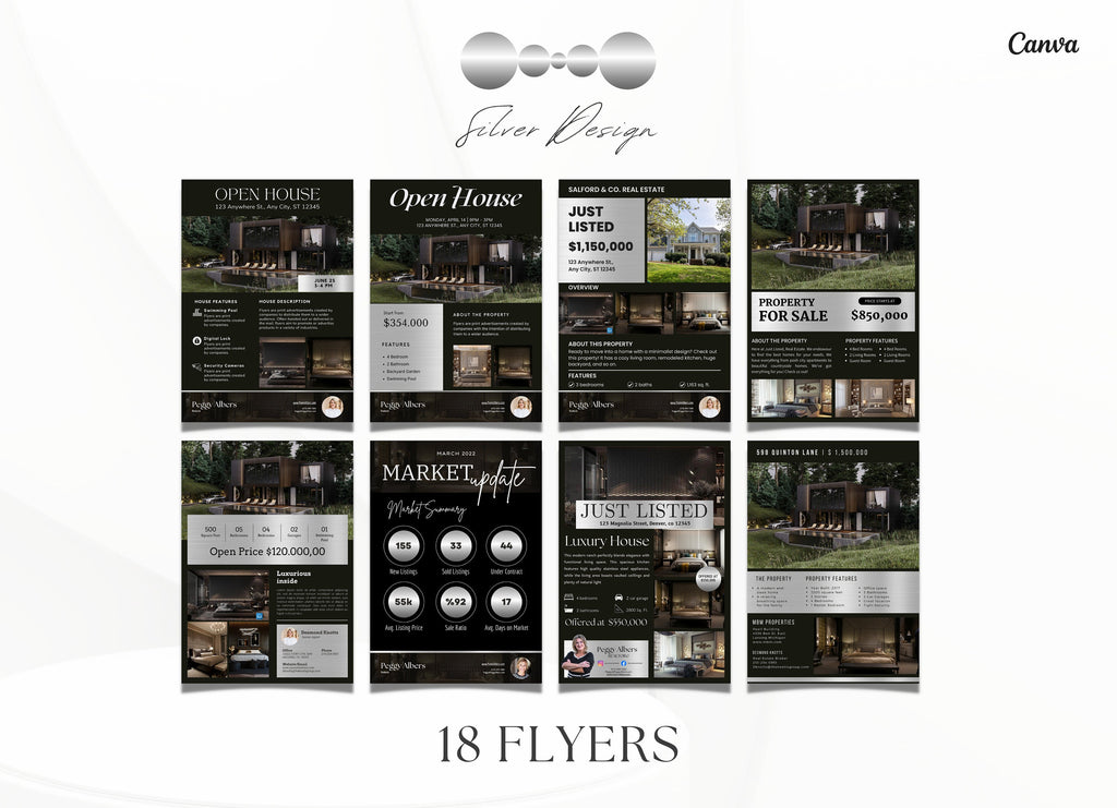 Silver Luxury Real Estate Marketing Flyer Templates | Realtor Flyer Bundle | Luxury Flyers | Real Estate Marketing Essentials | Canva Flyers