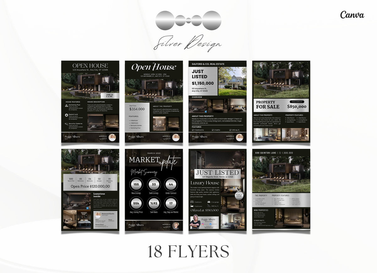 Silver Luxury Real Estate Marketing Flyer Templates | Realtor Flyer Bundle | Luxury Flyers | Real Estate Marketing Essentials | Canva Flyers