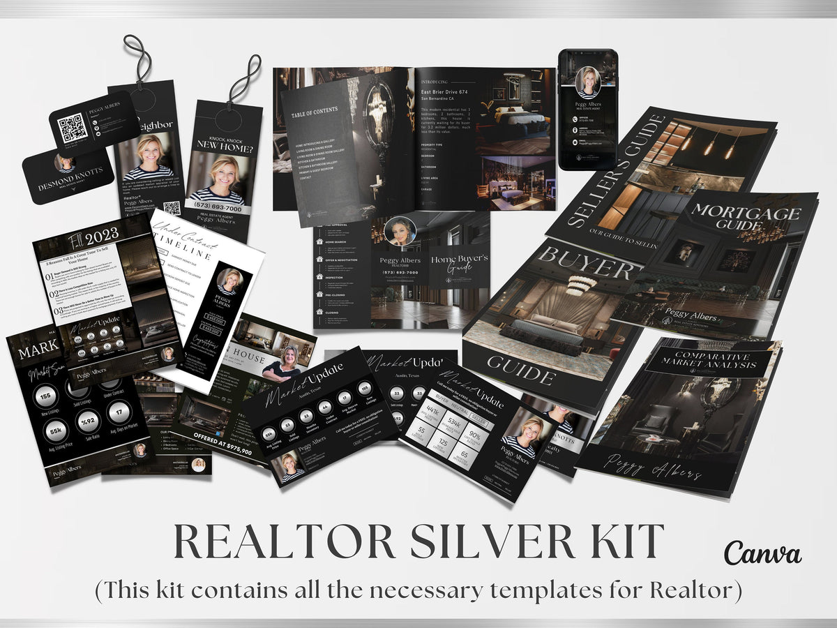 Silver Real Estate Templates Canva, Realtor Marketing, Real Estate Social Media, Black Realtor Branding, Realtor Tools, Silver Kit