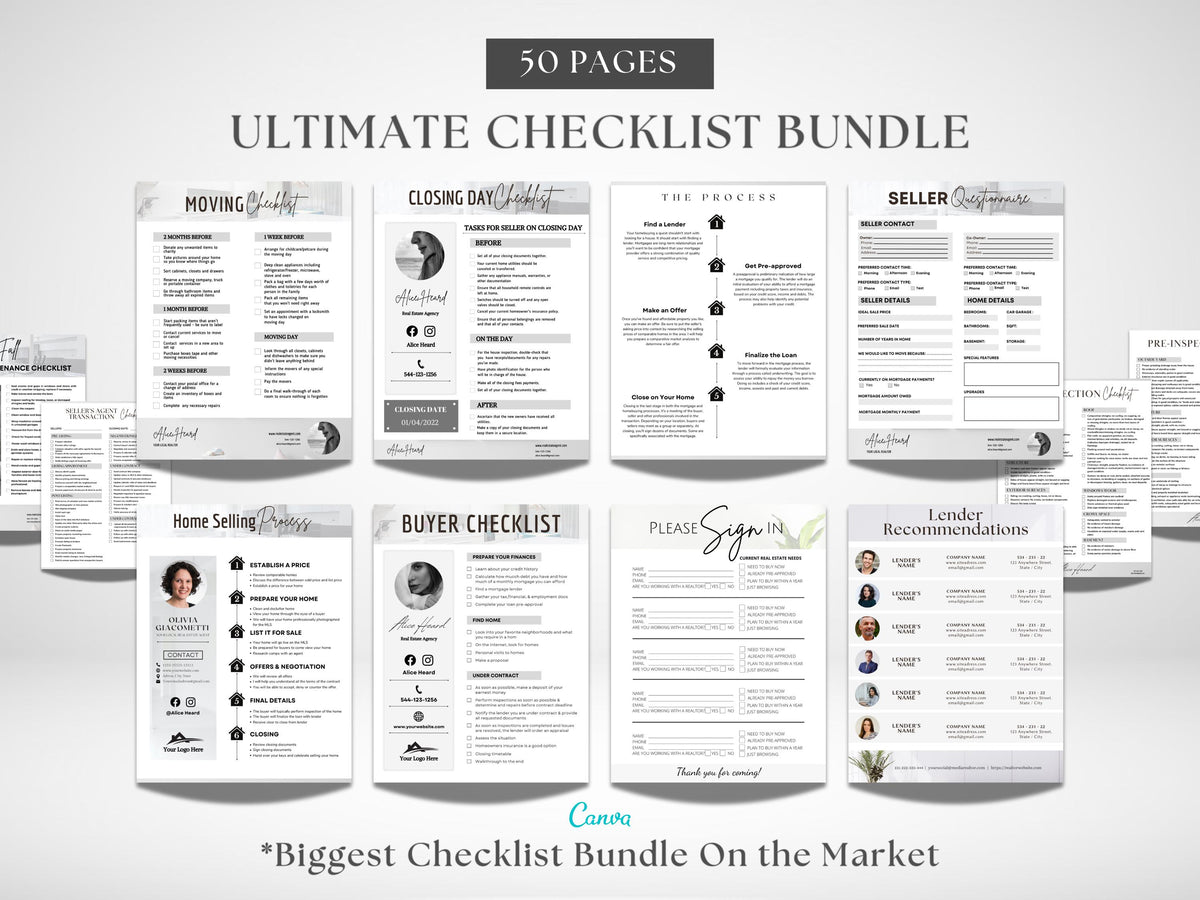 Real Estate Checklist | Realtor Checklist | Closing Day Checklist | Canva Realtor | Real Estate Template | Realtor Guide |Home Selling Guide