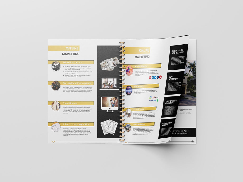 Luxury Listing presentation, Sellers Guide, High-End Design, Black and White Design, Gold and Black Design, Canva