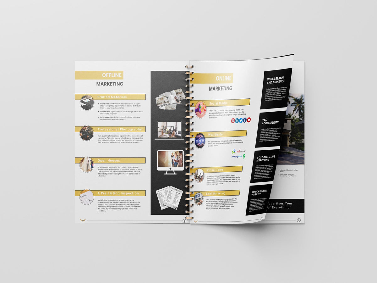 Luxury Listing presentation, Sellers Guide, High-End Design, Black and White Design, Gold and Black Design, Canva
