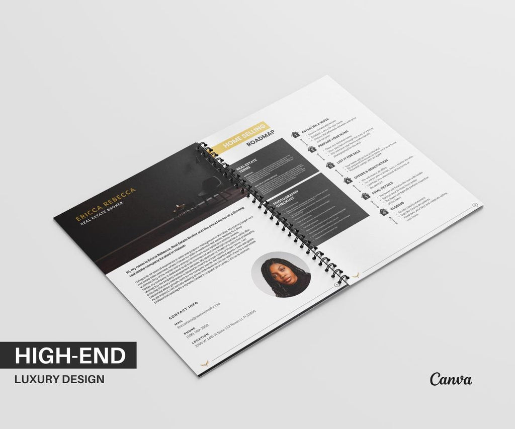 Luxury Listing presentation, Sellers Guide, High-End Design, Black and White Design, Gold and Black Design, Canva