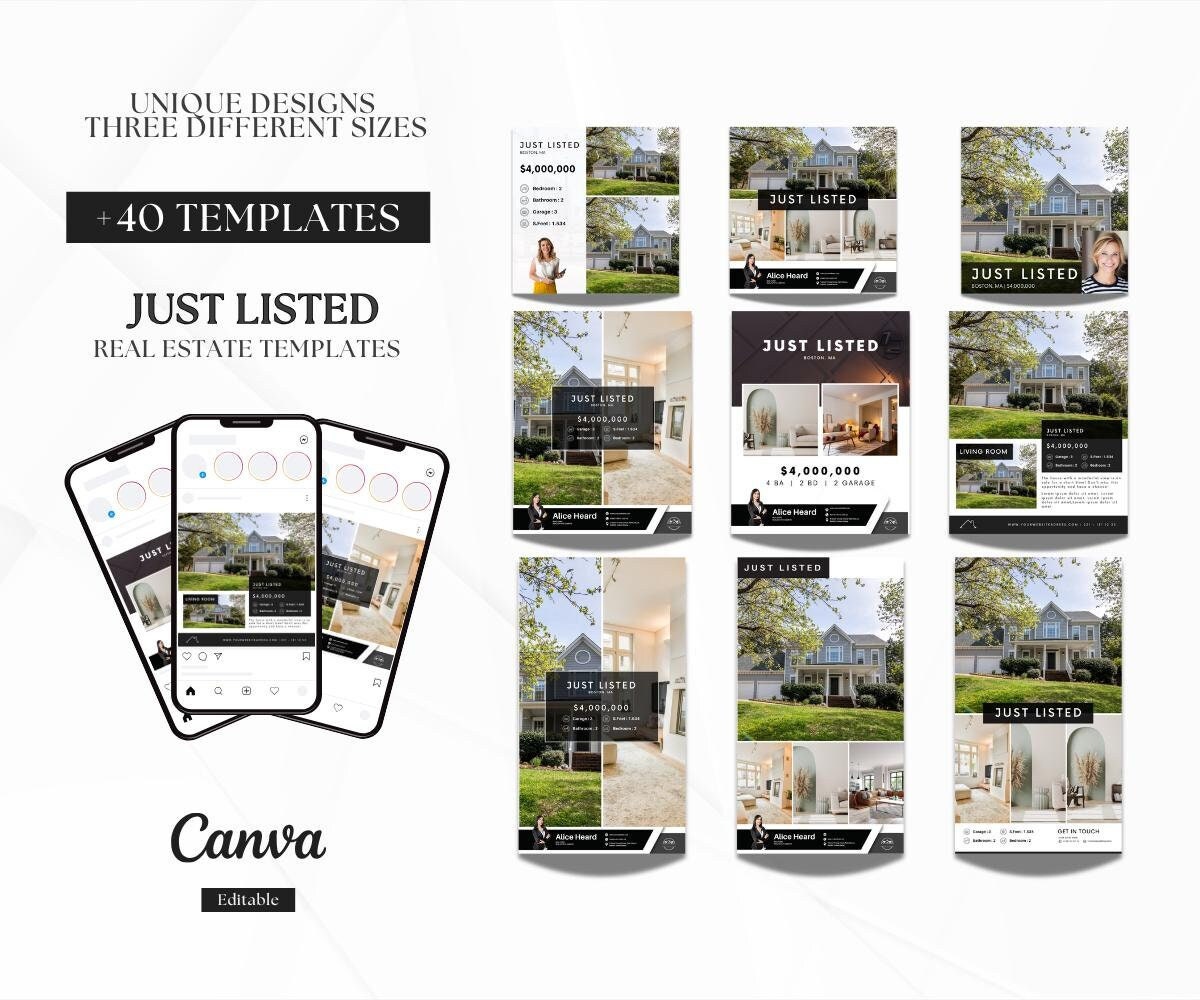 Premium Quality Just Listed Social Media Posts | Listing Updates | Just Listed Instagram Posts an Stories Templates | Canva | 3 Sizes