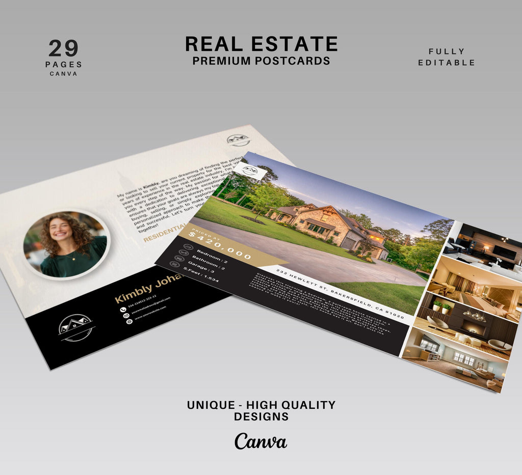Real Estate Premium Postcards | Realtor Postcards | Just Listed, Just Sold Postcard | Under Contract | Unique Designs | Canva Editable 2026