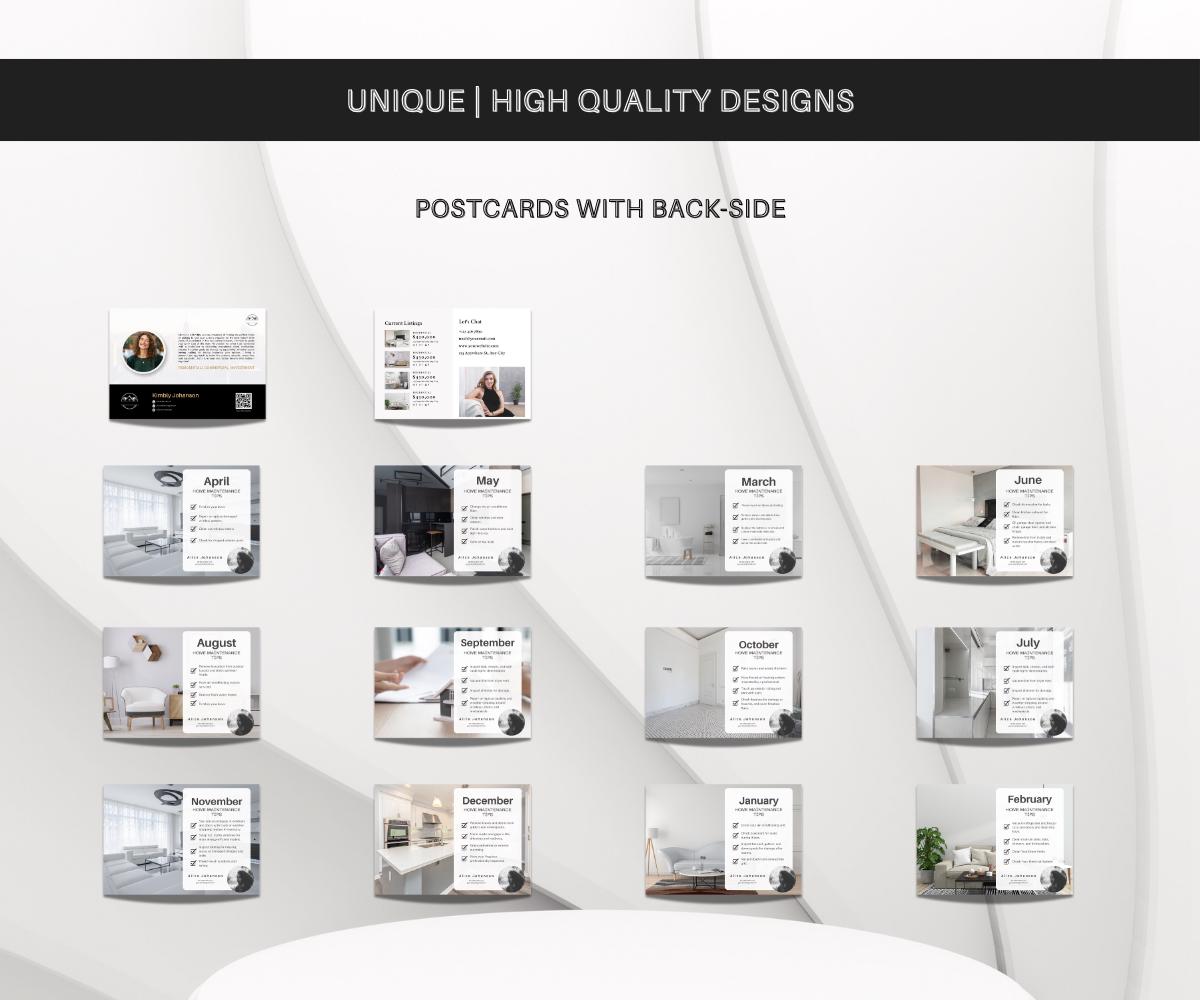 Monthly Maintenance Postcards | Postcards with Back-Sides | Premium Quality Postcards | Canva Postcards | 2025 Unique Designs