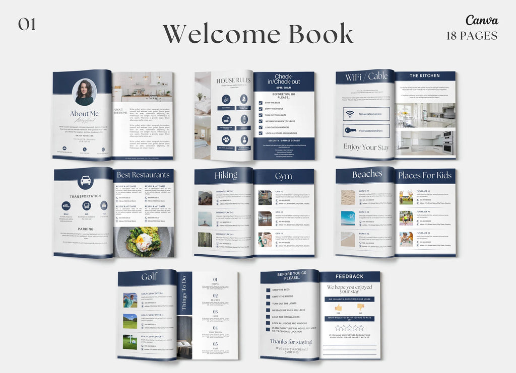 Blue Airbnb Welcome Book | Cleaning Checklists | VRBO Welcome Book | House manual | Editable Blue Airbnb Guest Book | Canva Airbnb