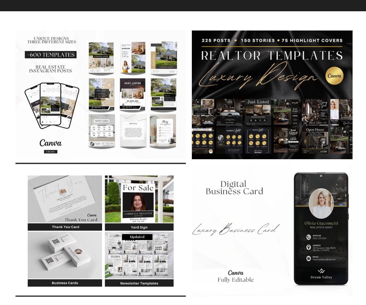2025 Two Real Estate KIT, Templates For Realtors and Agents, Get Fully Branded, Realtor Marketing, Canva, Black and White, Black and Gold