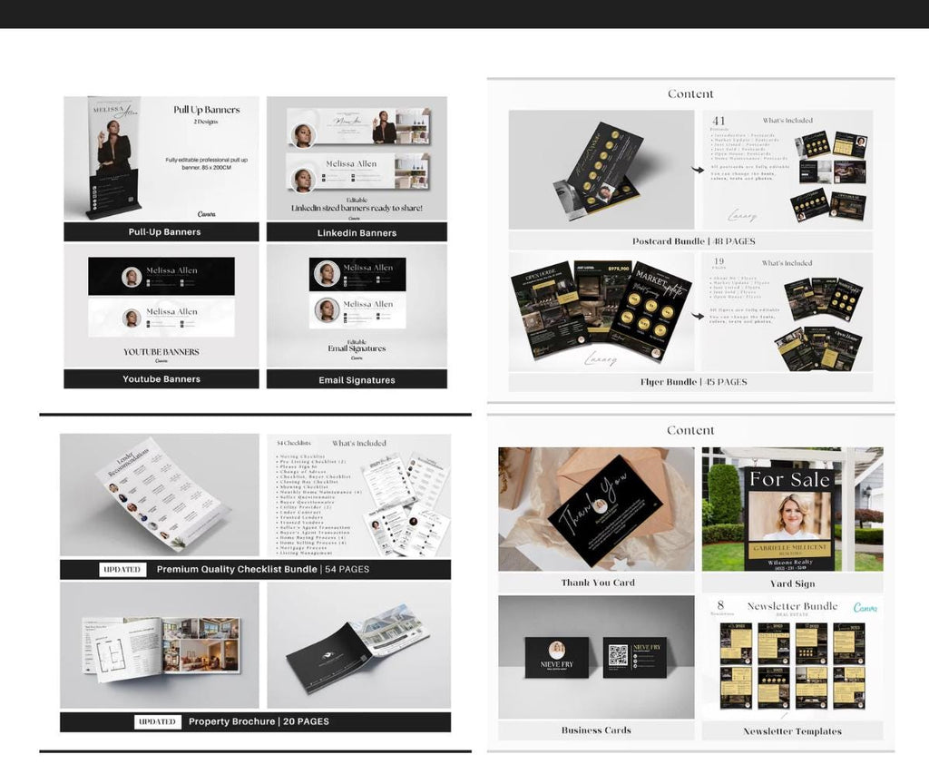 2025 Two Real Estate KIT, Templates For Realtors and Agents, Get Fully Branded, Realtor Marketing, Canva, Black and White, Black and Gold