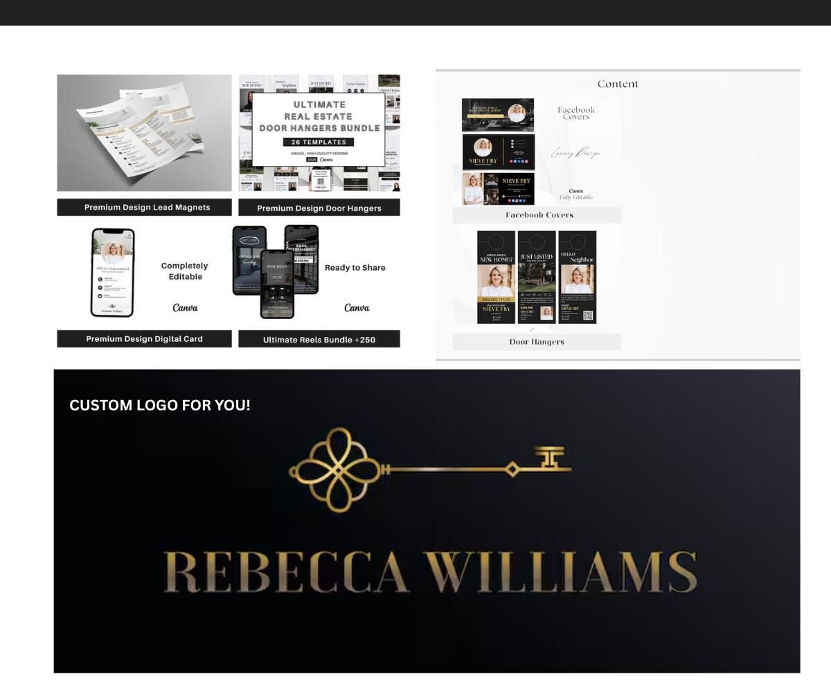 2025 Two Real Estate KIT, Templates For Realtors and Agents, Get Fully Branded, Realtor Marketing, Canva, Black and White, Black and Gold