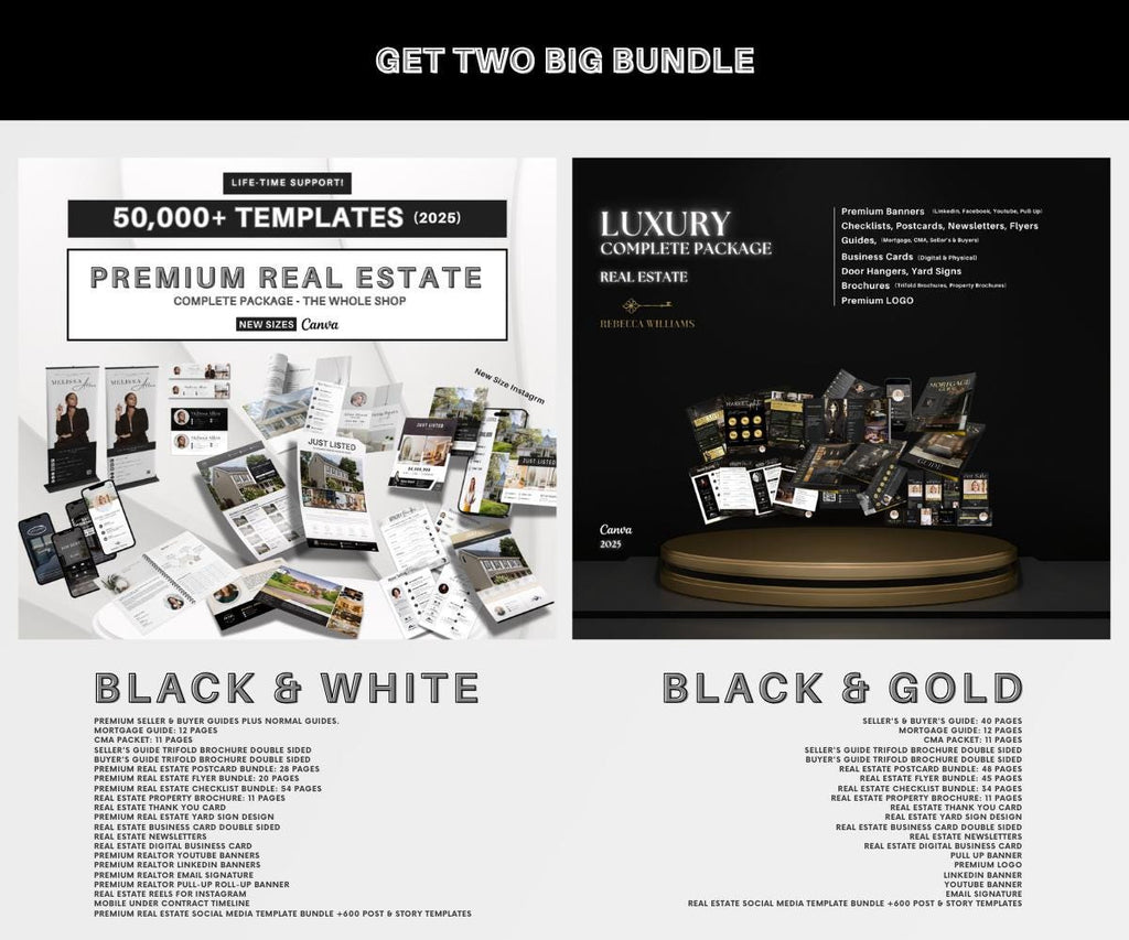 2025 Two Real Estate KIT, Templates For Realtors and Agents, Get Fully Branded, Realtor Marketing, Canva, Black and White, Black and Gold