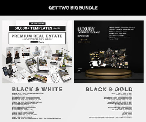 2025 Two Real Estate KIT, Templates For Realtors and Agents, Get Fully Branded, Realtor Marketing, Canva, Black and White, Black and Gold
