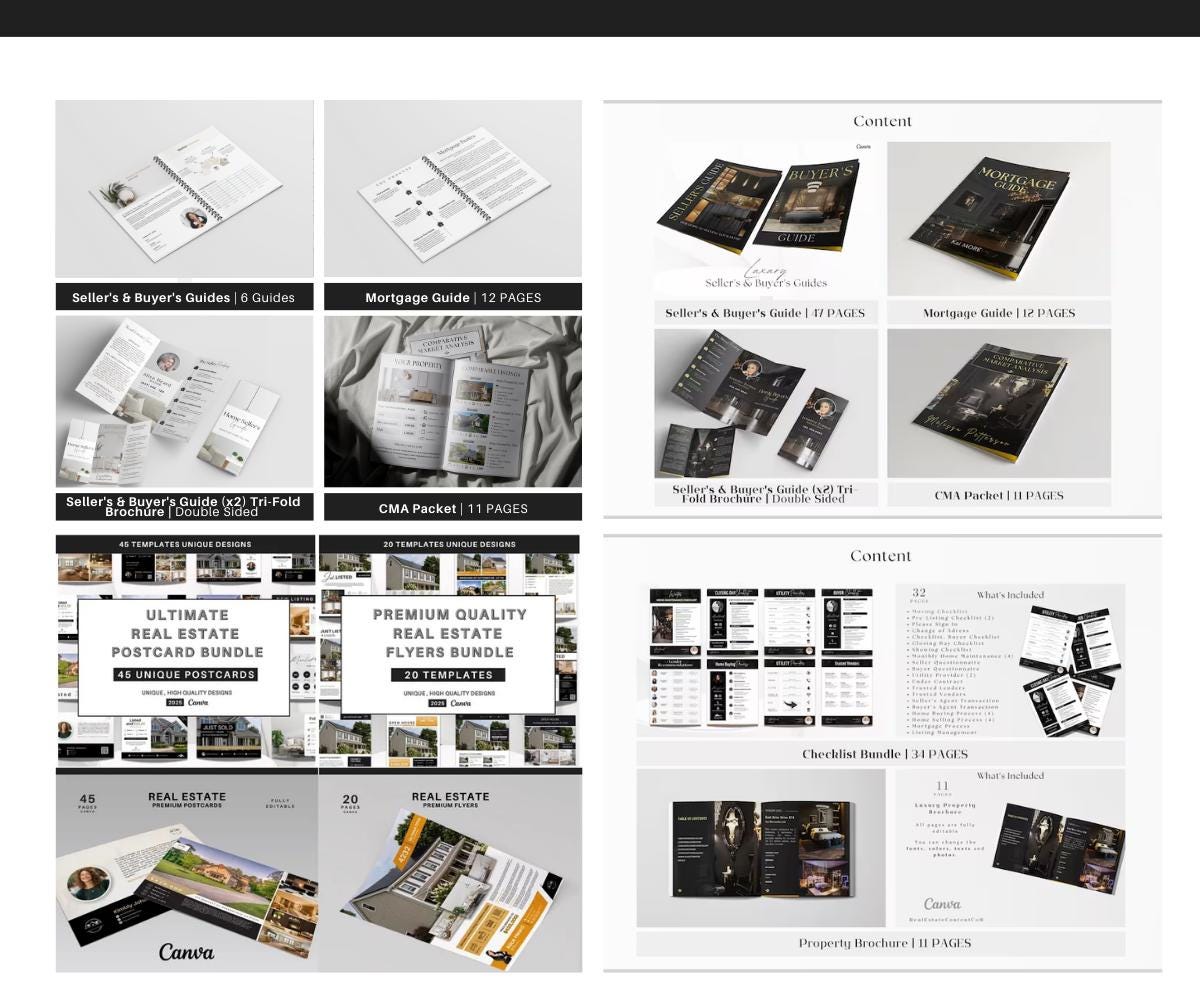 2025 Two Real Estate KIT, Templates For Realtors and Agents, Get Fully Branded, Realtor Marketing, Canva, Black and White, Black and Gold