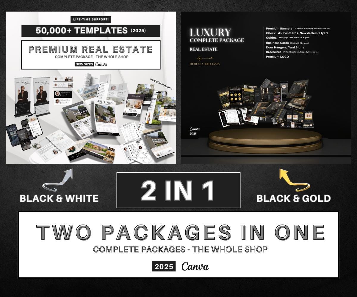 2025 Two Real Estate KIT, Templates For Realtors and Agents, Get Fully Branded, Realtor Marketing, Canva, Black and White, Black and Gold