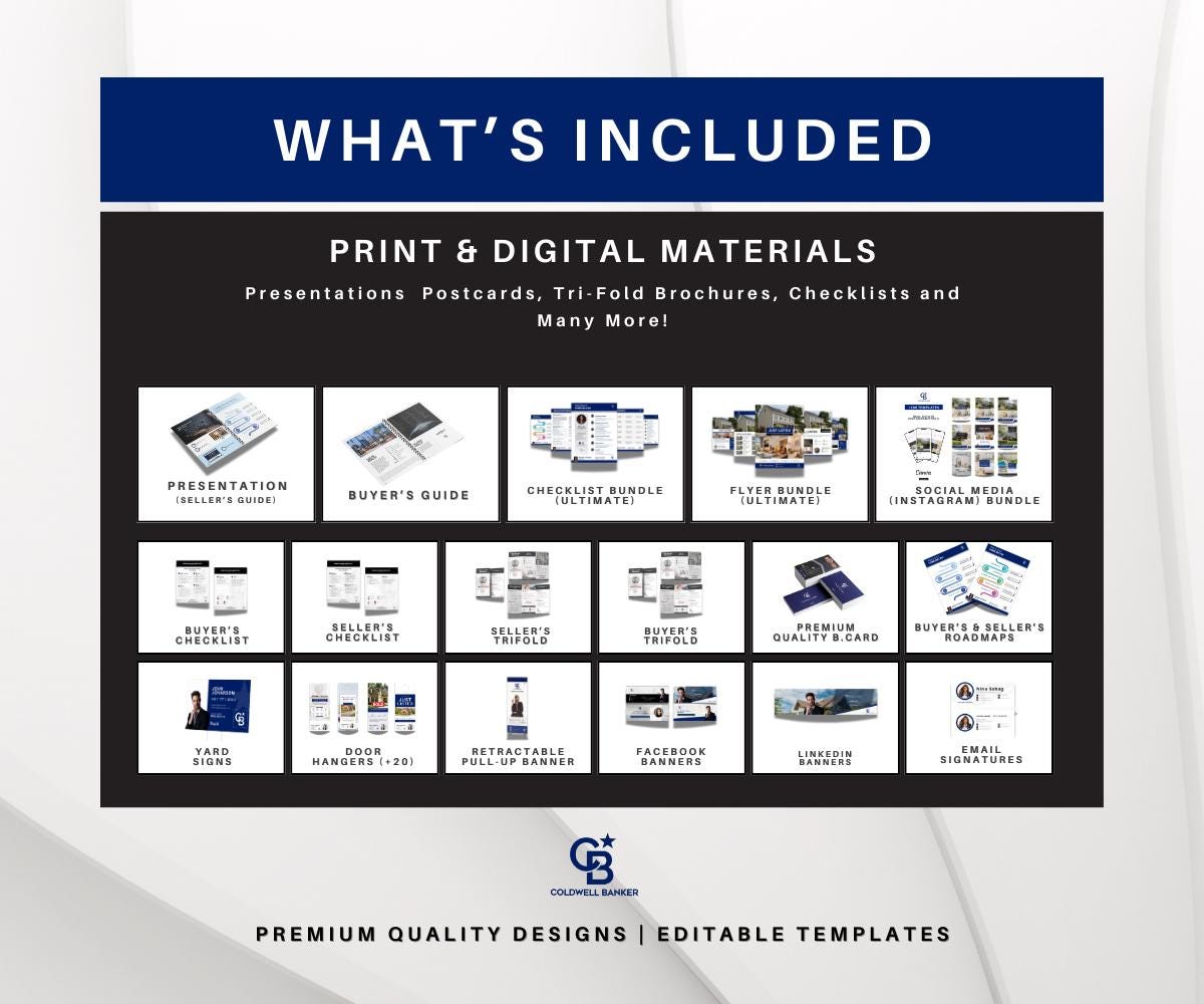 Coldwell Banker Real Estate Marketing Bundle | Blue Templates | Sellers & Buyers Guide, Flyers, Checklists, Social Media Templates | Canva