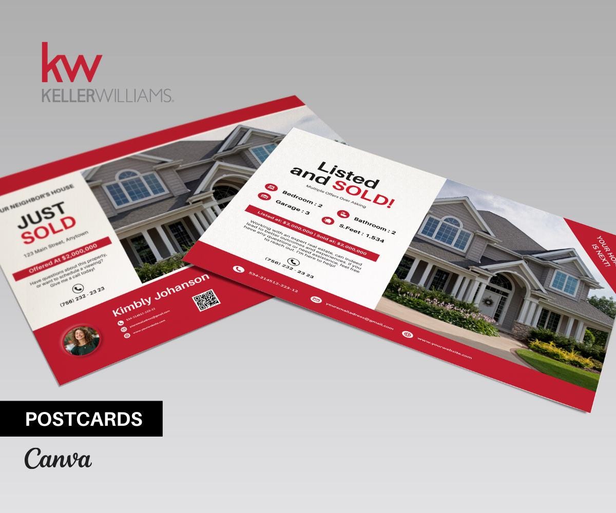 Keller Williams Real Estate Postcard Bundle | 25 Editable Canva Templates | Modern Realtor Marketing Kit | KW Farming Mailer Design