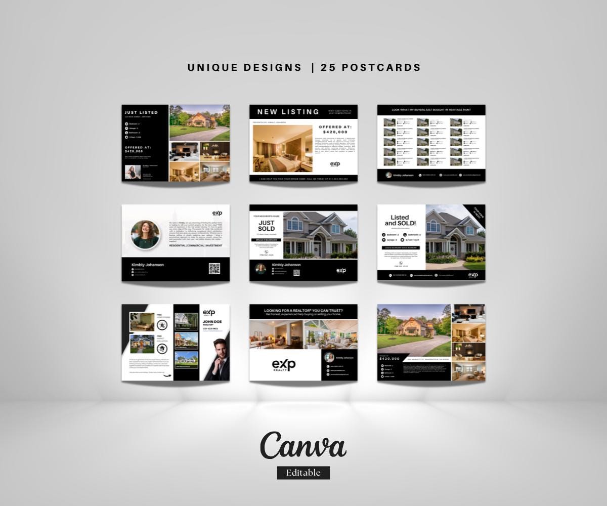 Exp Realty Real Estate Postcard Bundle | 25 Editable Canva Templates | Modern Realtor Marketing Kit | Exp Realty Farming Mailer Design