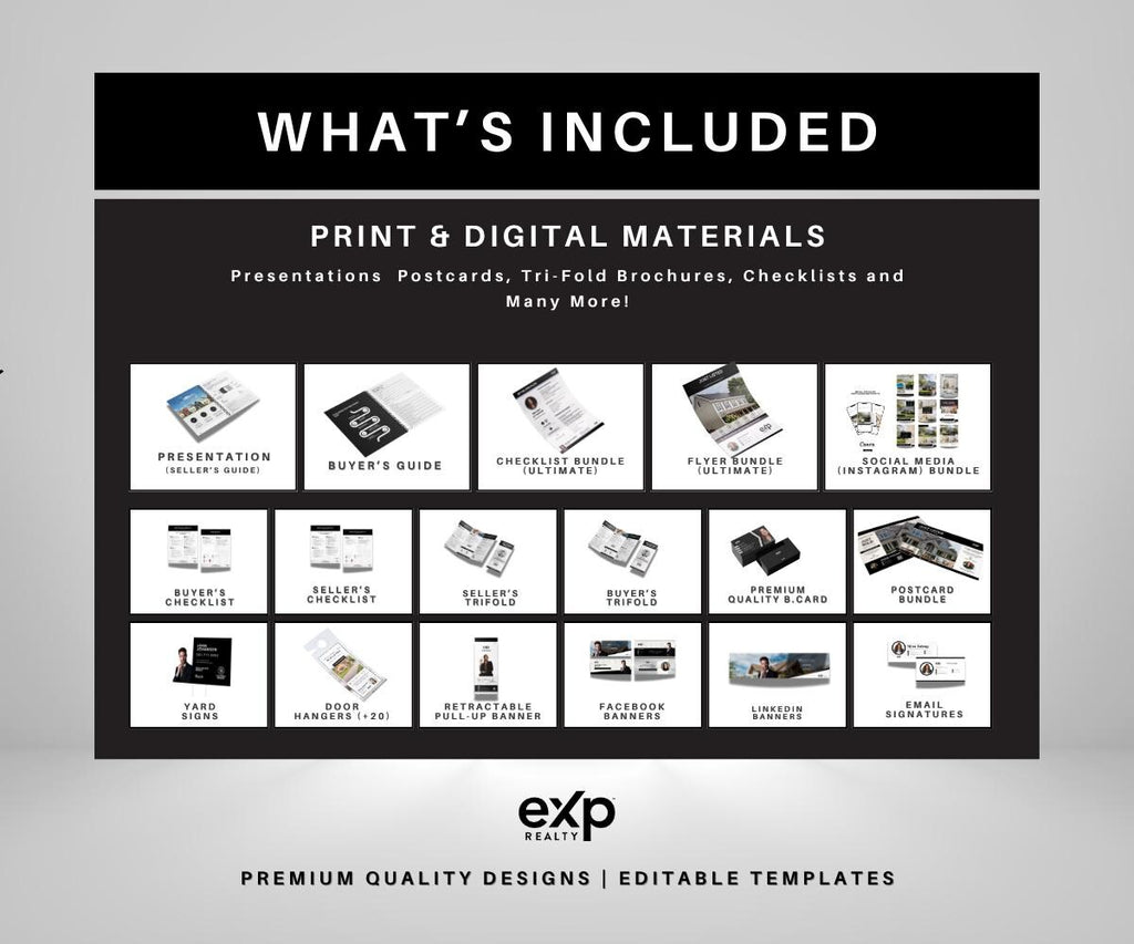 Premium EXP REALTY Real Estate Marketing Bundle | Black Templates | Sellers & Buyers Guide, Checklists, Social Media Templates | Canva