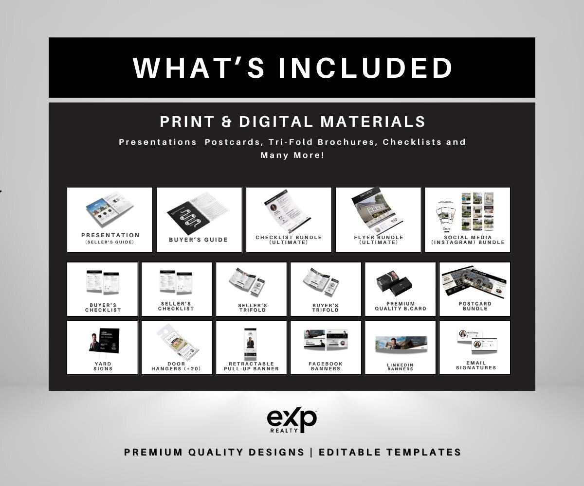 Premium EXP REALTY Real Estate Marketing Bundle | Black Templates | Sellers & Buyers Guide, Checklists, Social Media Templates | Canva