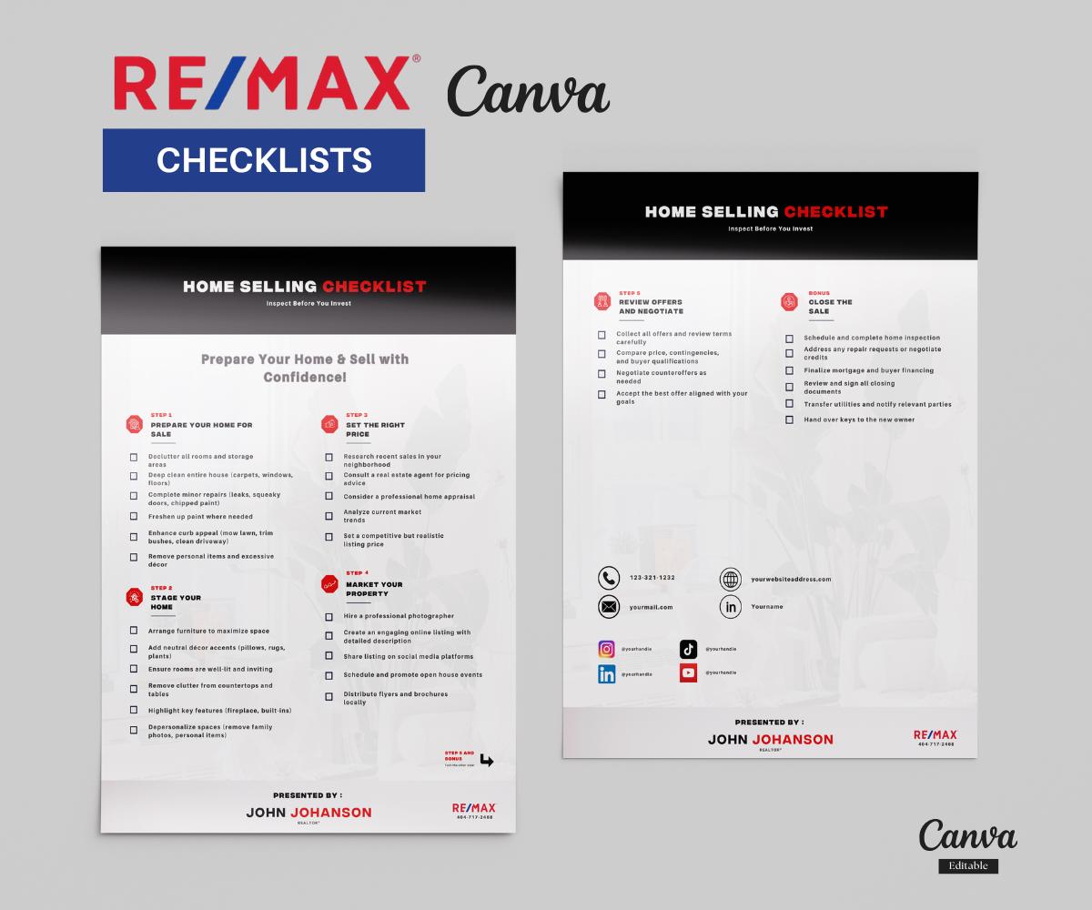 Re/Max Home Selling Checklists | Home Selling Checklists | Remax Canva | Remax Editable | Remax Checklists 2025