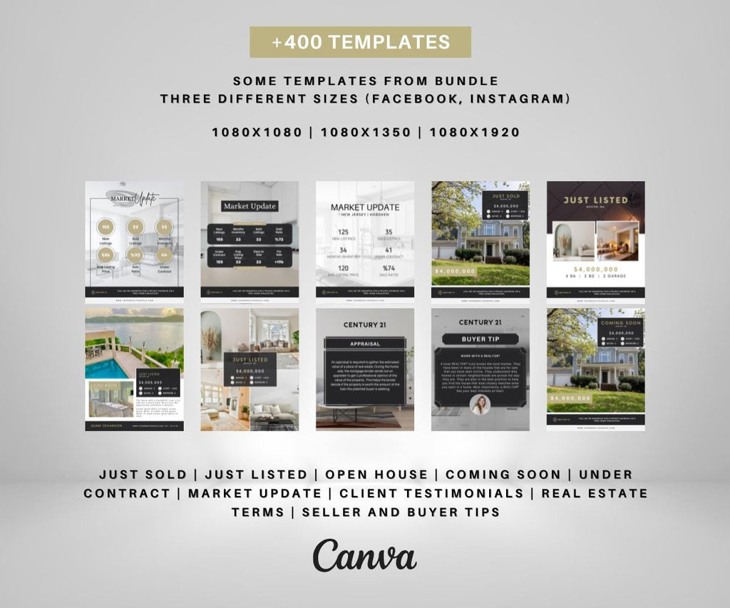 400+ Real Estate Social Media Templates | Instagram & Facebook Canva Bundle | Realtor Marketing Kit | Editable Designs