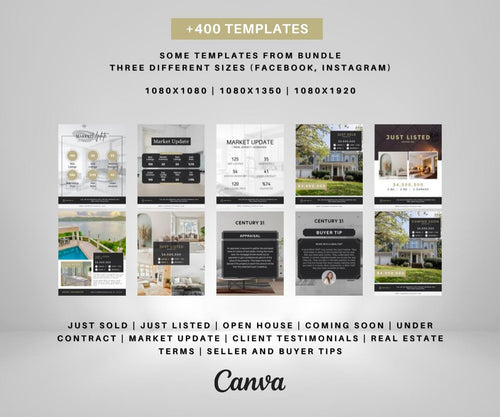 400+ Real Estate Social Media Templates | Instagram & Facebook Canva Bundle | Realtor Marketing Kit | Editable Designs