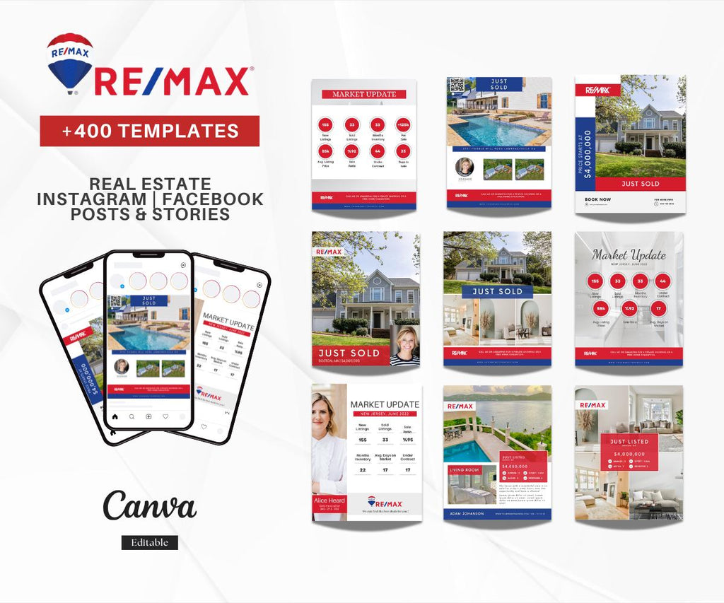 RE/MAX Real Estate Social Media Bundle | Just Listed, Just Sold, Open House, Market Update, Client Testimonials & More | Three Sizes