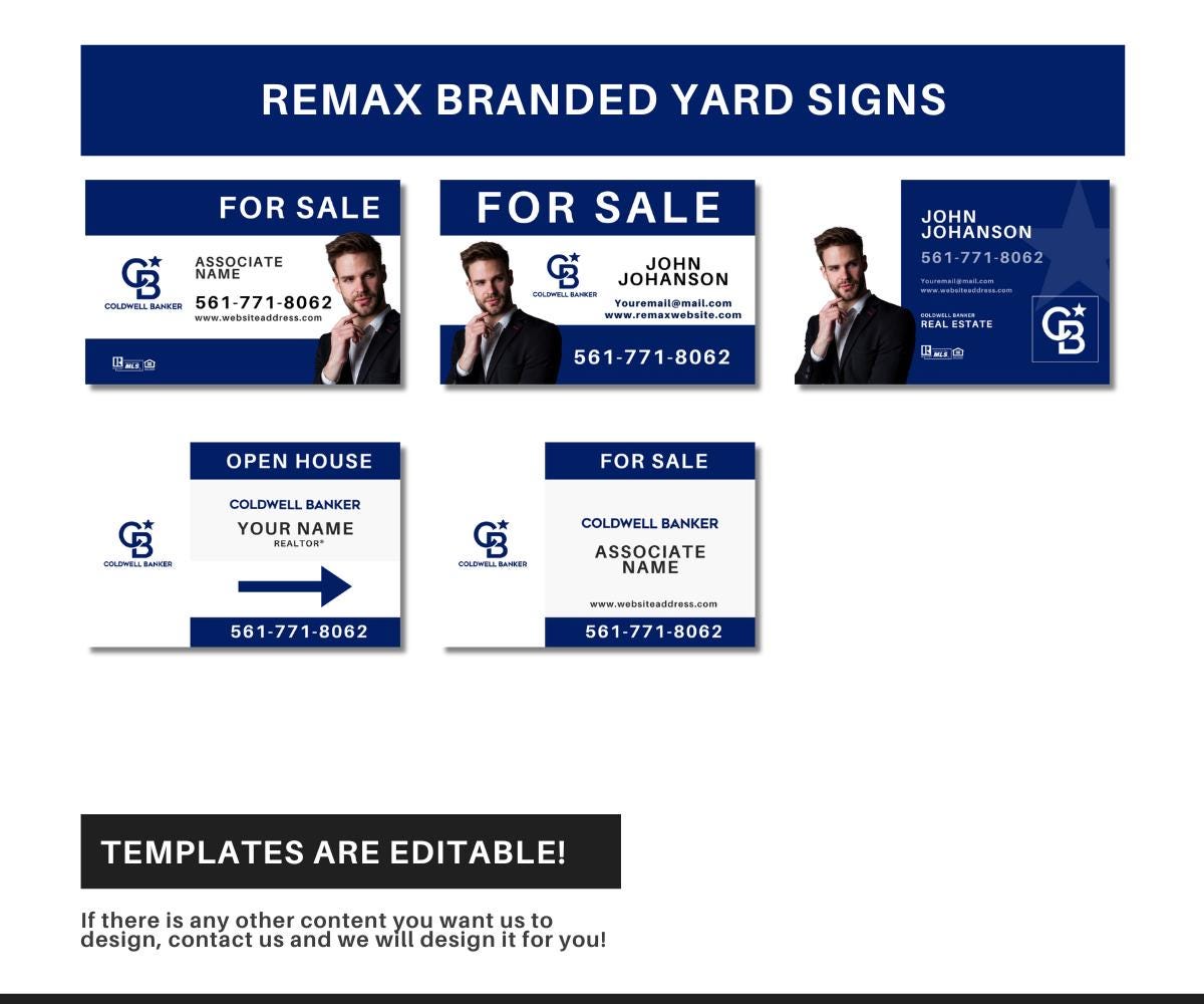 Coldwell Banker Yard Sign Bundle | Real Estate Sign Templates | 5 Editable Canva Signs | Open House, For Sale, Sold & More