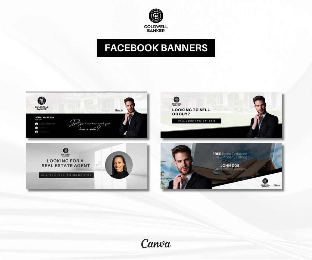 Coldwell Banker Luxury Facebook Banners | 4 Black & White Realtor Facebook Cover Templates | Modern Real Estate Branding Canva