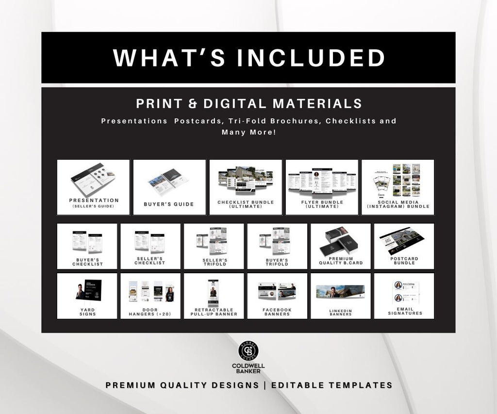 Coldwell Banker Luxury Real Estate Marketing Bundle | Sellers & Buyers Guide, Flyers, Checklists, Social Media Templates | Black and White