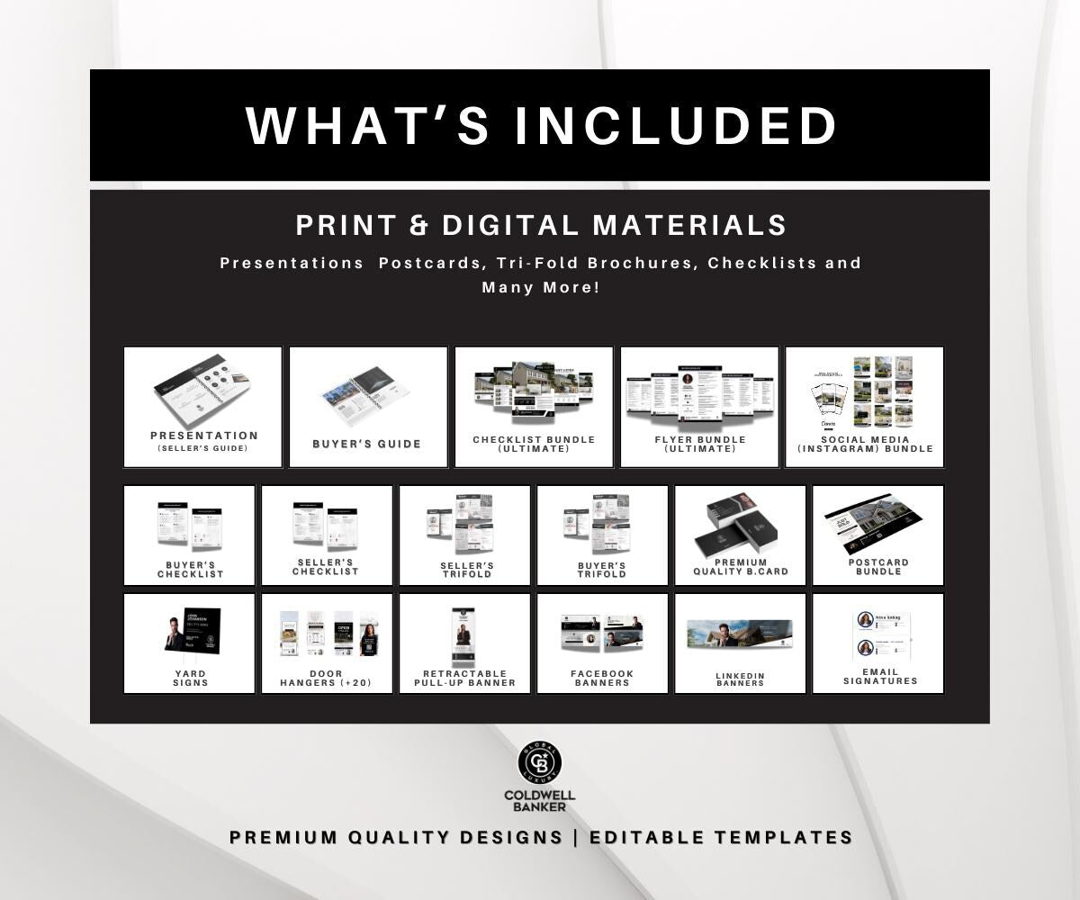 Coldwell Banker Luxury Real Estate Marketing Bundle | Sellers & Buyers Guide, Flyers, Checklists, Social Media Templates | Black and White