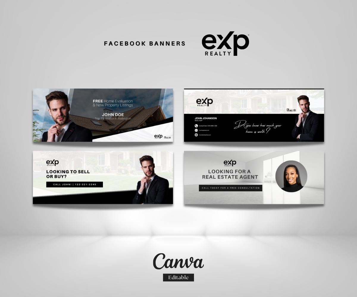 EXP REALTY Facebook Banners | 4 Black & White Realtor Facebook Cover Templates | Modern Real Estate Branding Canva
