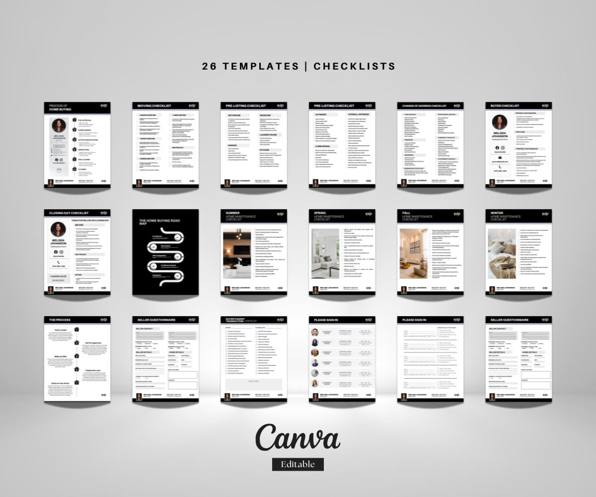 24 Pages Real Estate Checklists | EXP REALTY | Printable & Editable PDF + Canva Template | Black and White