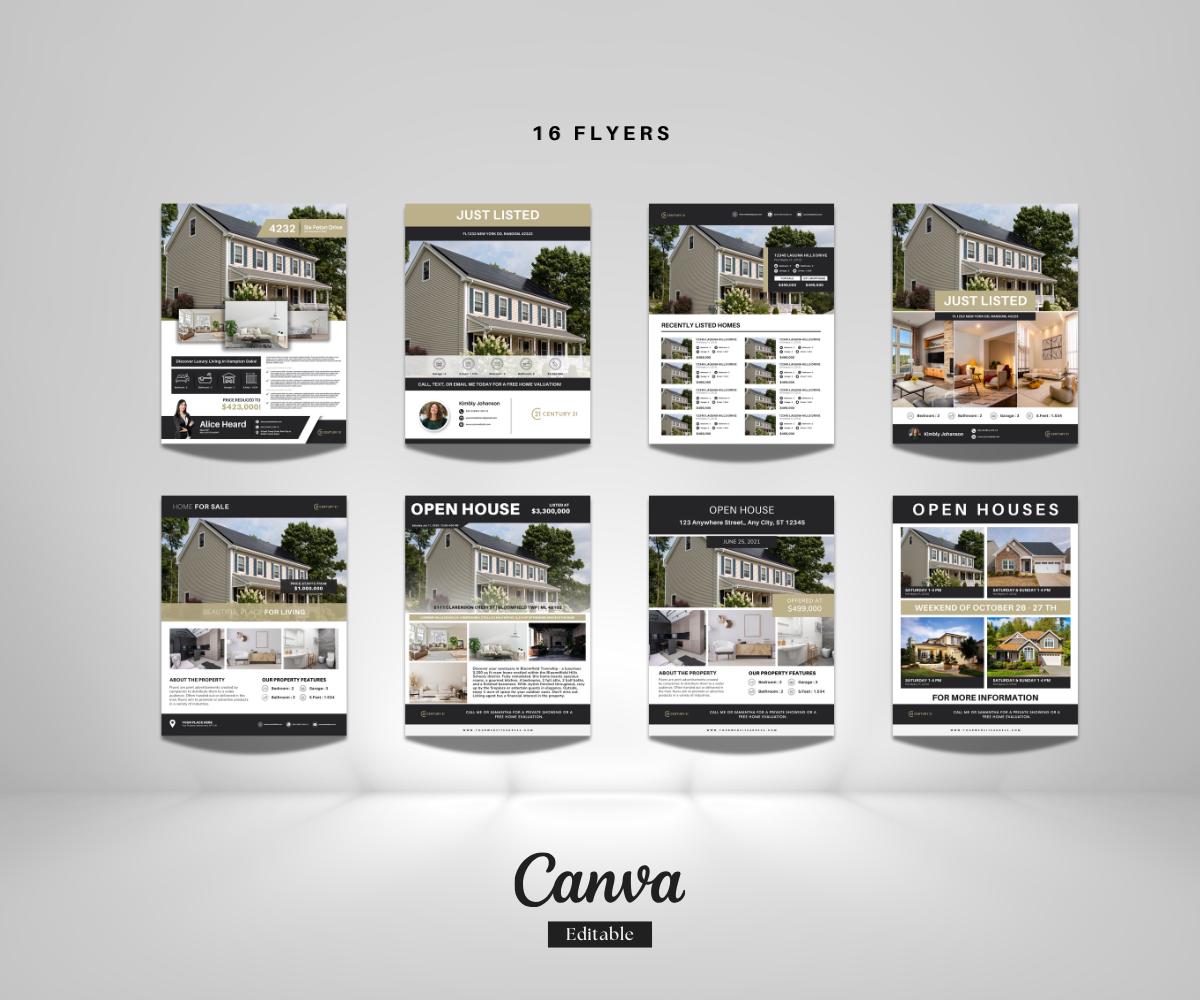 16 Real Estate Flyers for Century 21 | Editable Modern Real Estate Templates | Canva Flyer Bundle for Agents